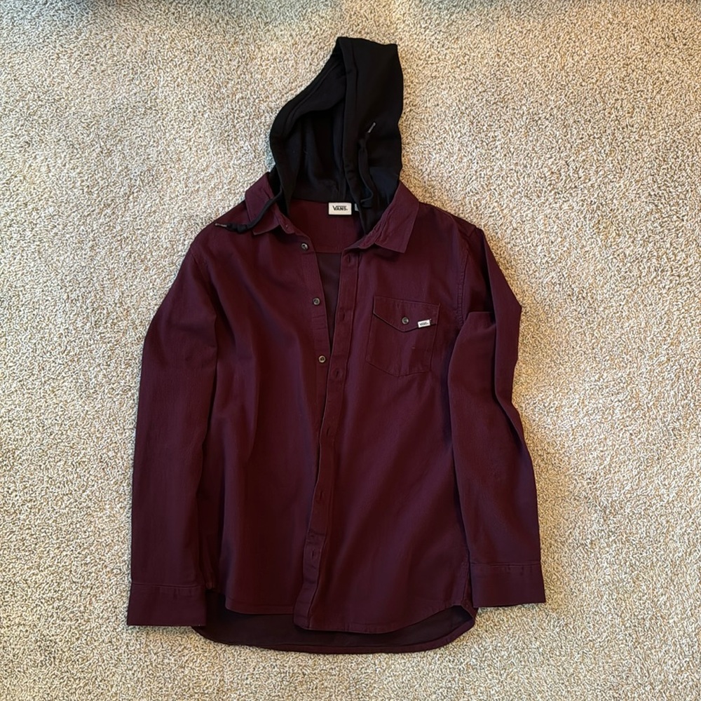 Men’s Vans Size Large Shirt Jacket with hood. Maroon color. Like new condition.